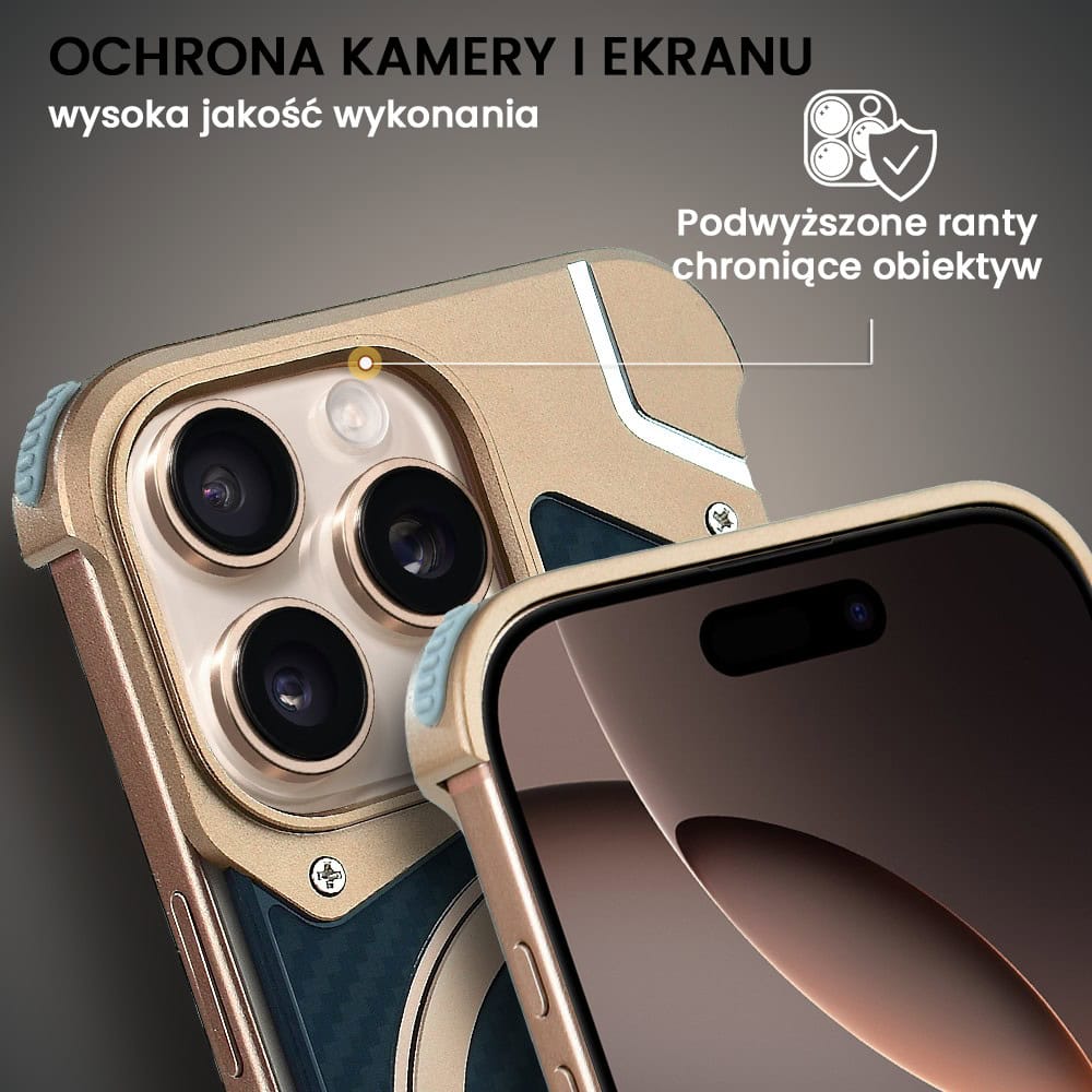 Etui do iPhone 16 Pro MagSafe Carbon Spinal Shield, anti shock, metalowe z podstawką, tytan pustynny