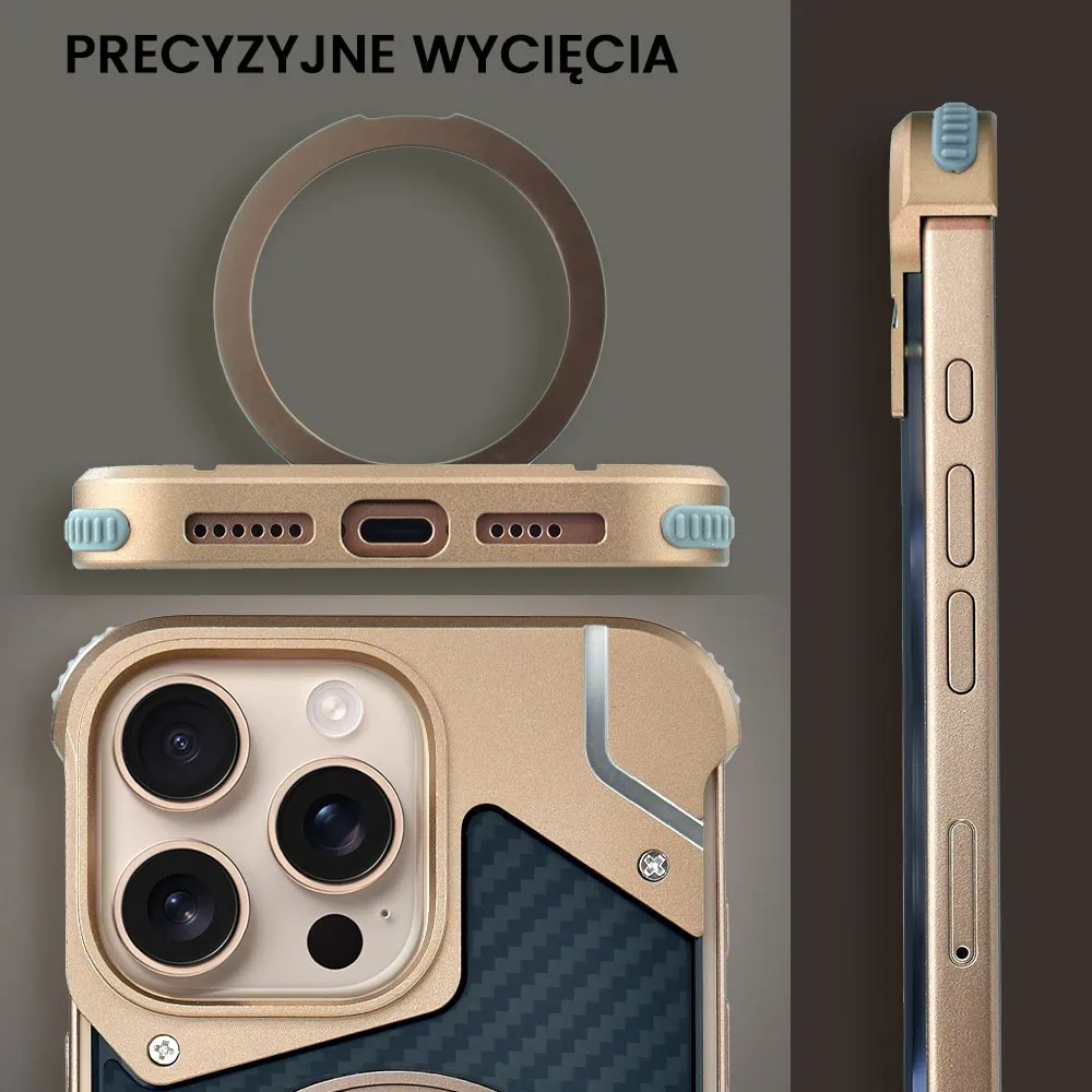 Etui do iPhone 16 Pro MagSafe Carbon Spinal Shield, anti shock, metalowe z podstawką, tytan pustynny