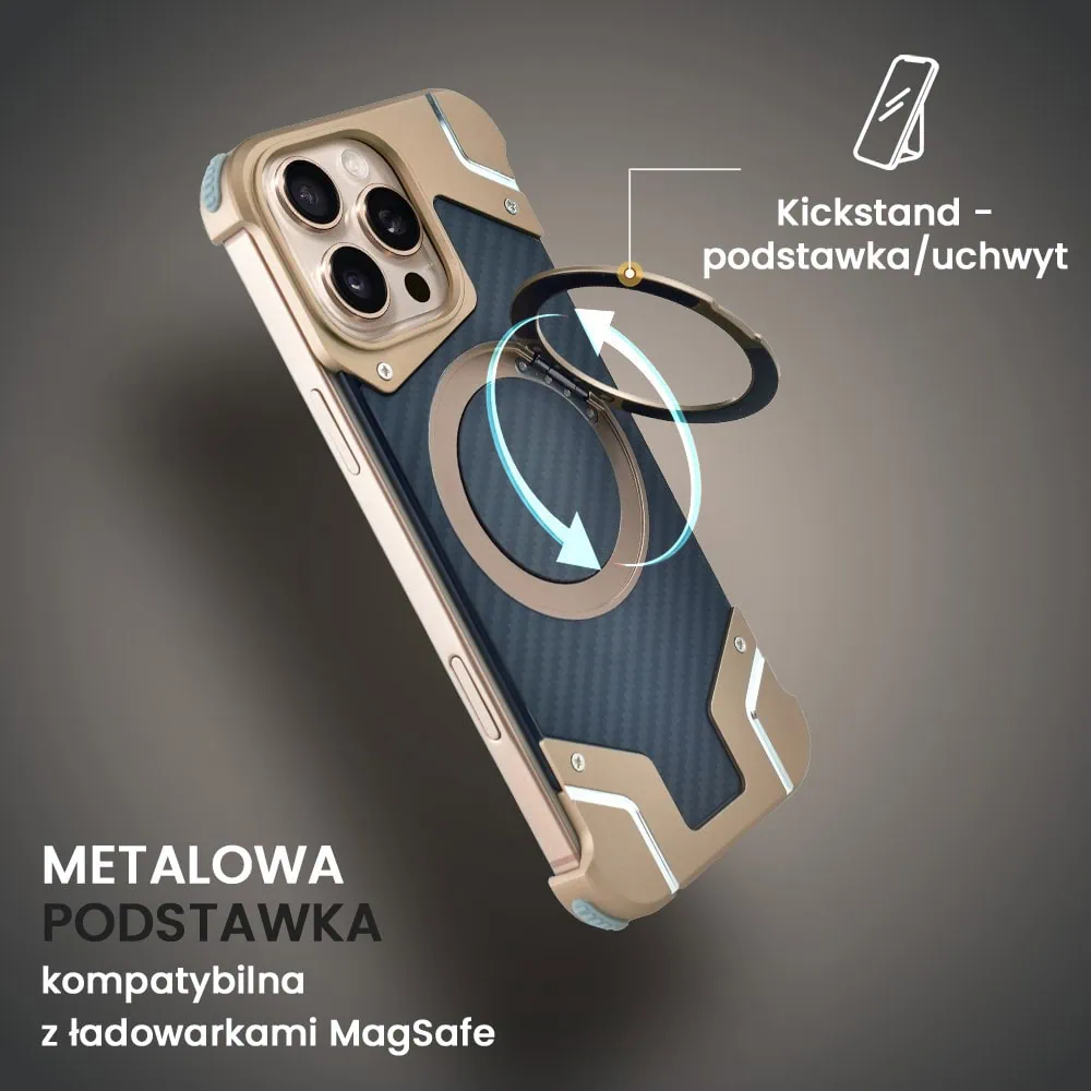 Etui do iPhone 16 Pro MagSafe Carbon Spinal Shield, anti shock, metalowe z podstawką, tytan pustynny