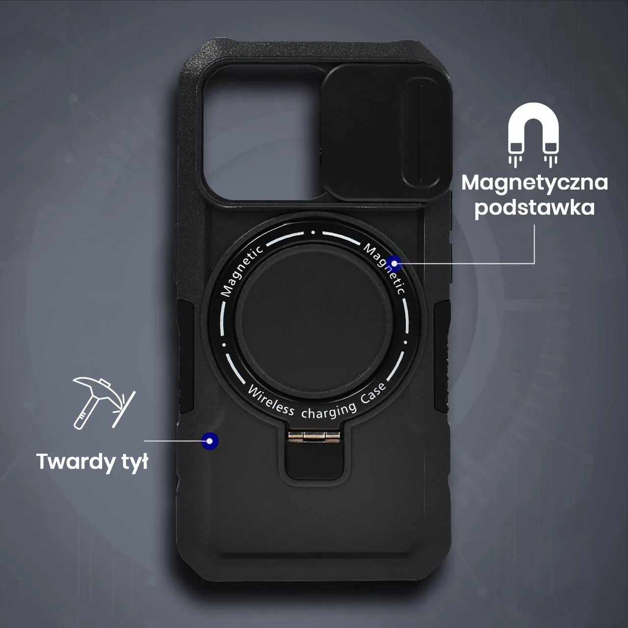 Etui do iPhone 16 Pro MagSafe Slide Camera Stand pancerne, osłona kamery z podstawką, czarne