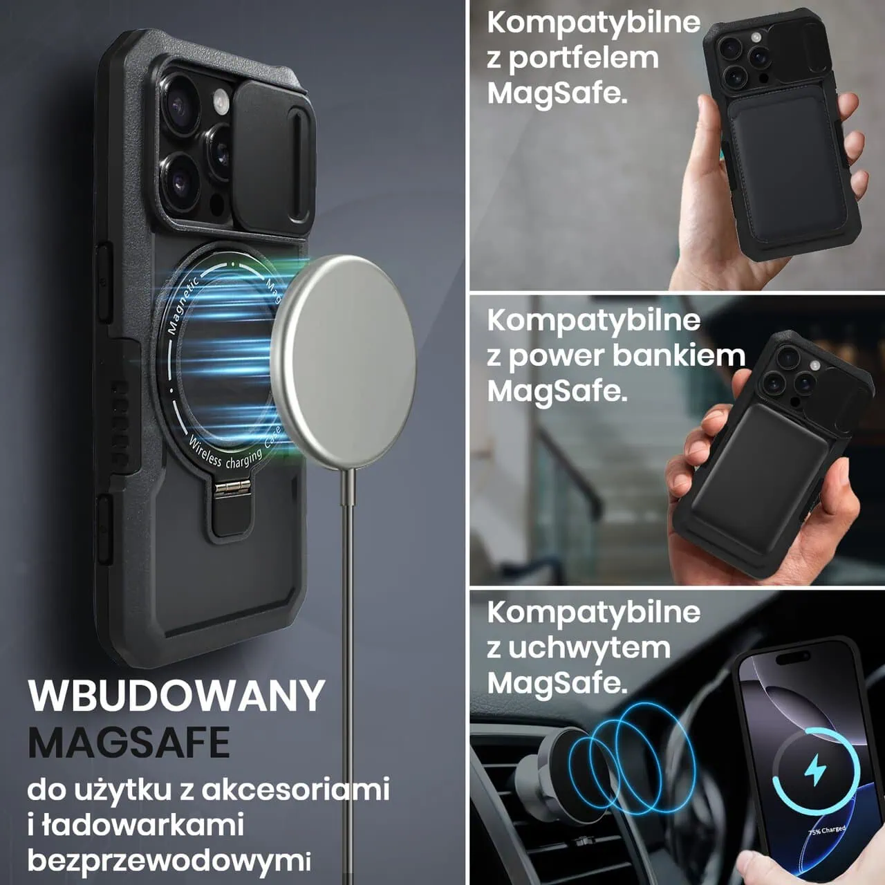 Etui do iPhone 16 Pro MagSafe Slide Camera Stand pancerne, osłona kamery z podstawką, czarne