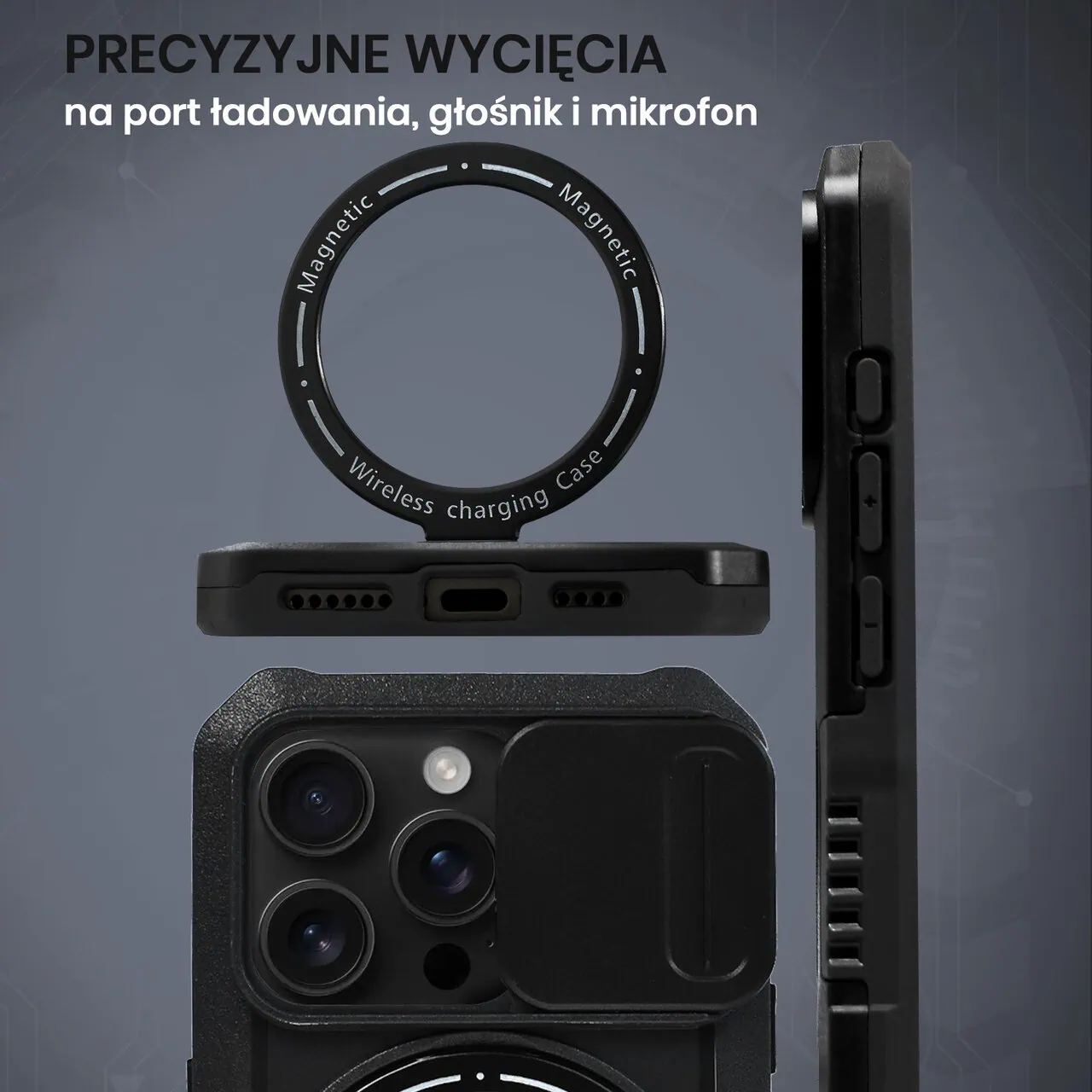 Etui do iPhone 16 Pro MagSafe Slide Camera Stand pancerne, osłona kamery z podstawką, czarne