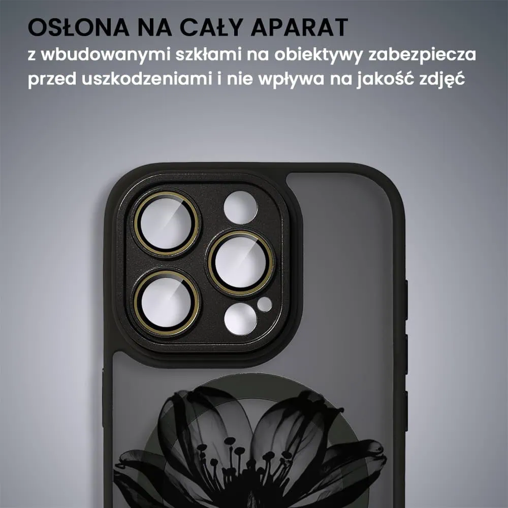 Etui do iPhone 16 Pro Color Flush z Magsafe, z osłoną aparatu, z nadrukiem czarny kwiat, czarne