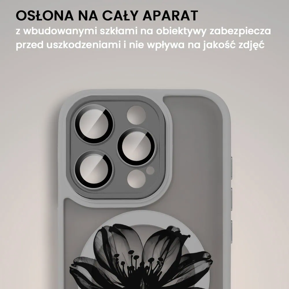 Etui do iPhone 16 Pro Max Color Flush z Magsafe, z osłoną aparatu, z nadrukiem czarny kwiat, tytanowe