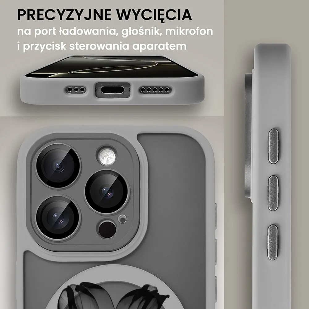 Etui do iPhone 16 Pro Max Color Flush z Magsafe, z osłoną aparatu, z nadrukiem czarny kwiat, tytanowe