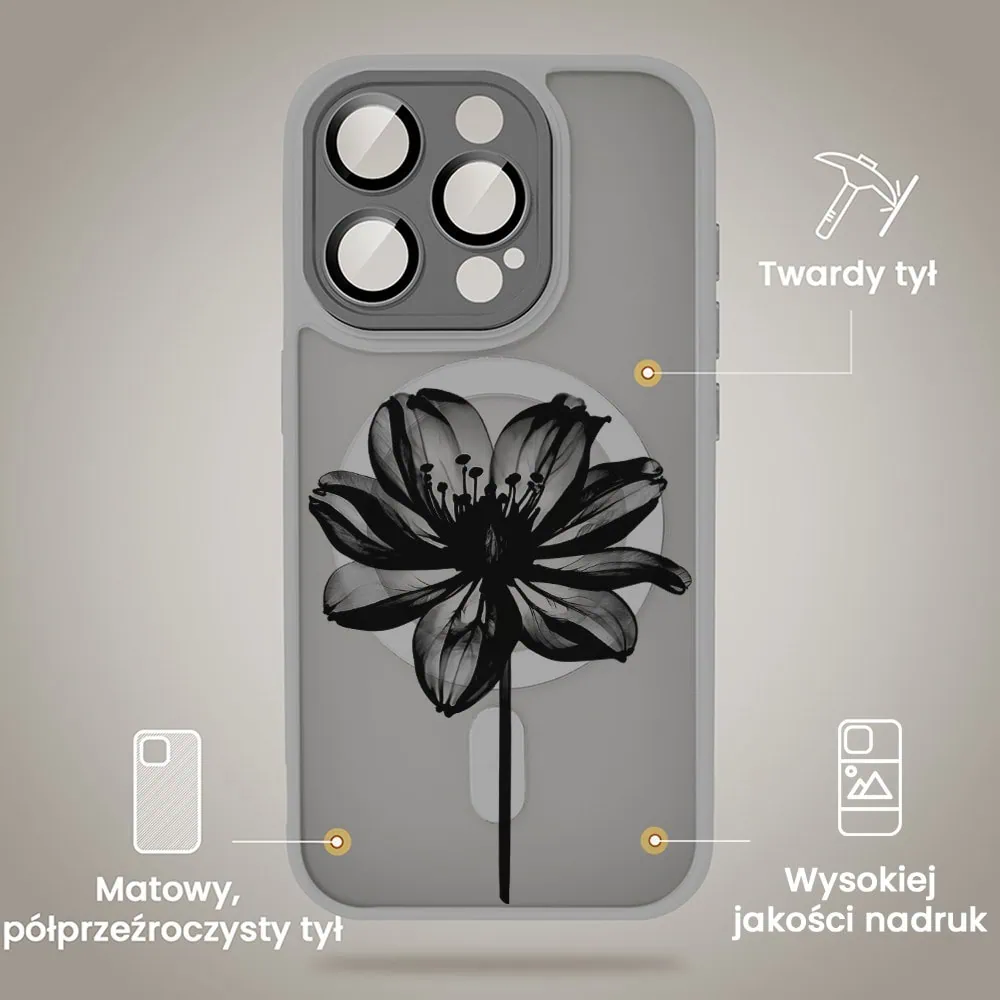 Etui do iPhone 16 Pro Max Color Flush z Magsafe, z osłoną aparatu, z nadrukiem czarny kwiat, tytanowe