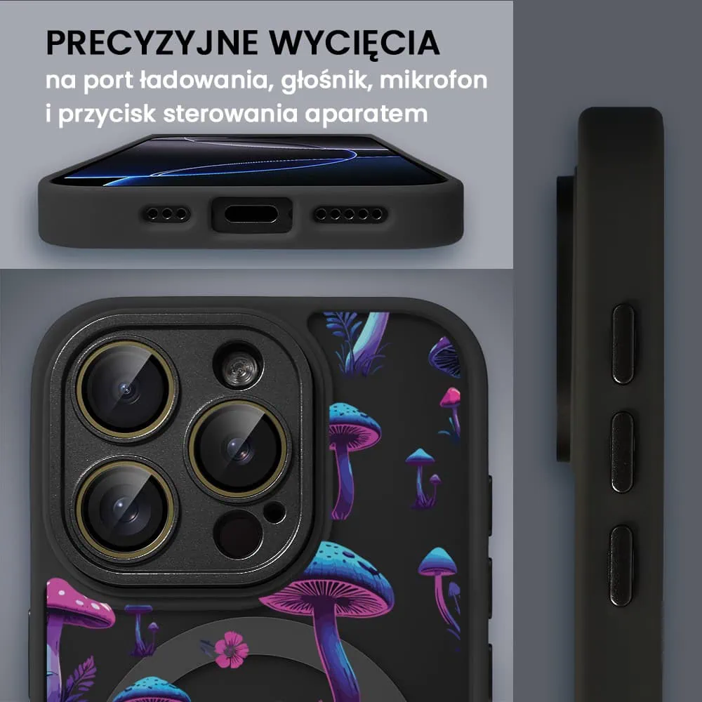 Etui do iPhone 16 Pro Max Color Flush z Magsafe, z osłoną aparatu, z nadrukiem magiczne grzybki, czarne
