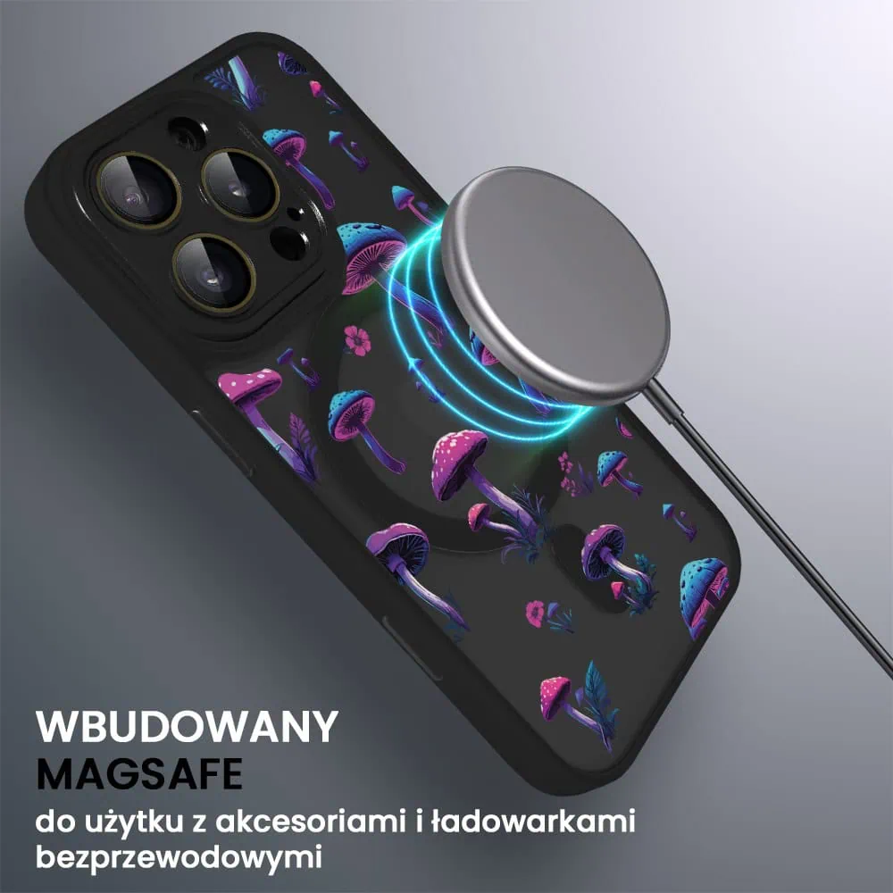 Etui do iPhone 16 Pro Max Color Flush z Magsafe, z osłoną aparatu, z nadrukiem magiczne grzybki, czarne
