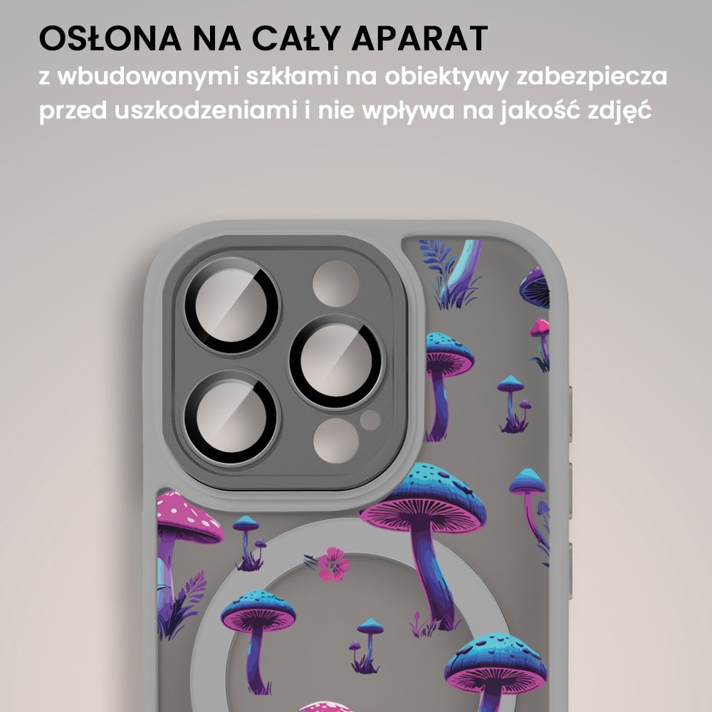 Etui do iPhone 16 Pro Color Flush z Magsafe, z osłoną aparatu, z nadrukiem magiczne grzybki, tytanowe