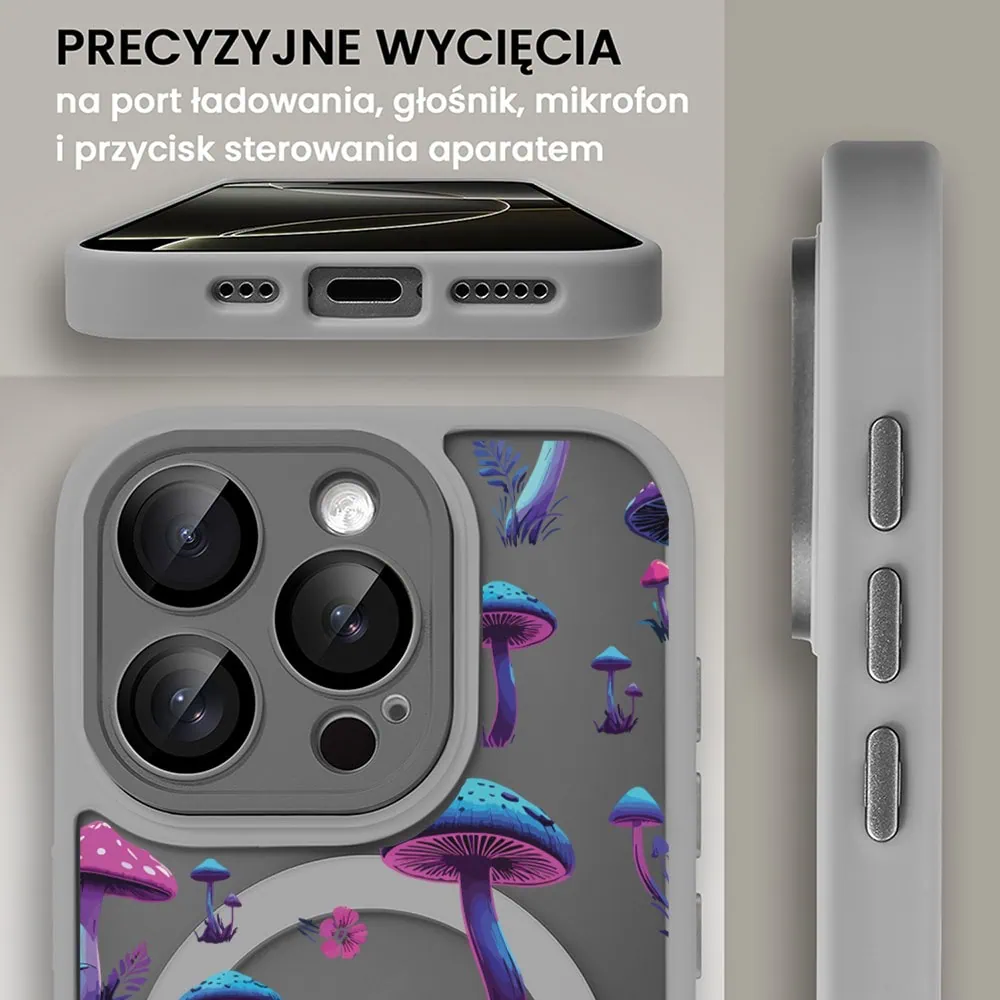 Etui do iPhone 16 Pro Color Flush z Magsafe, z osłoną aparatu, z nadrukiem magiczne grzybki, tytanowe