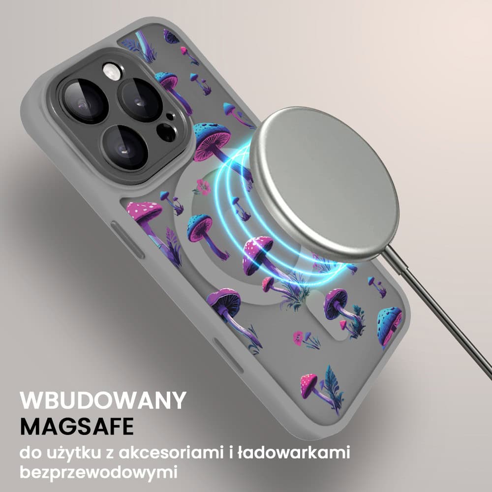 Etui do iPhone 16 Pro Color Flush z Magsafe, z osłoną aparatu, z nadrukiem magiczne grzybki, tytanowe
