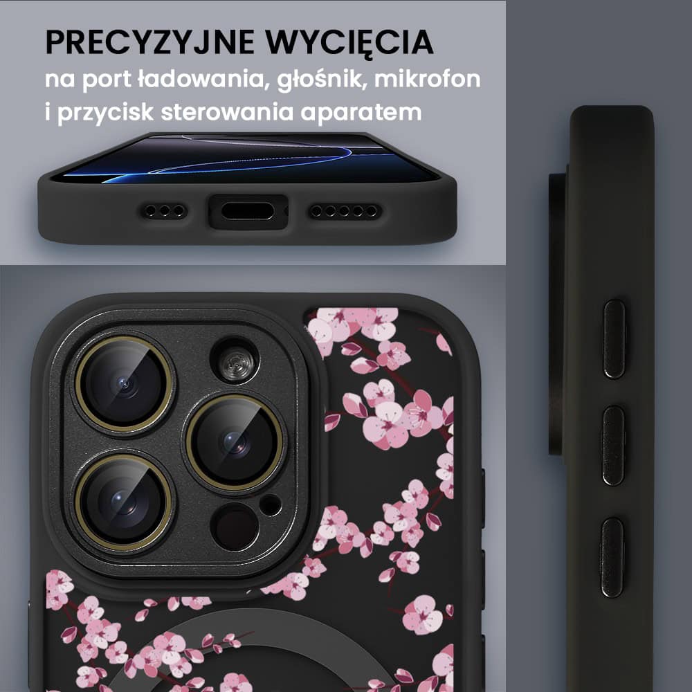 Etui do iPhone 16 Pro Color Flush z Magsafe, z osłoną aparatu, z nadrukiem sakura, kwiat wiśni, czarne