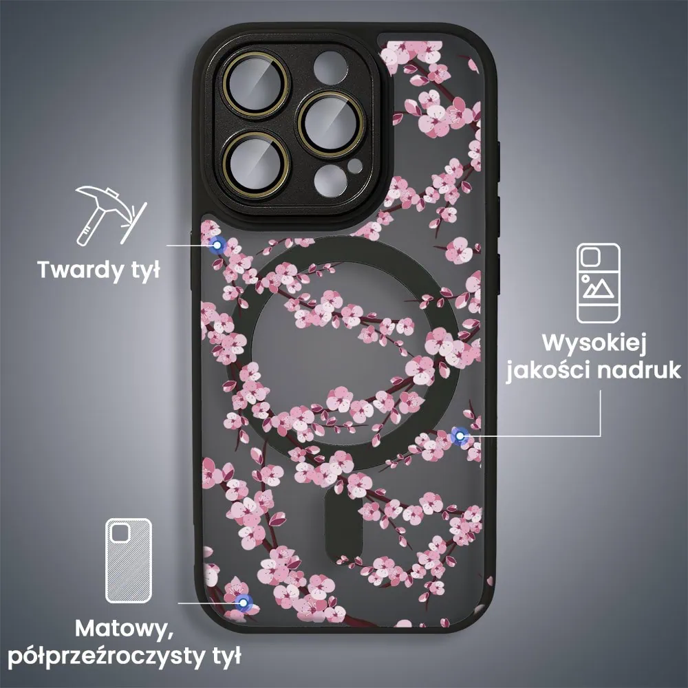 Etui do iPhone 16 Pro Color Flush z Magsafe, z osłoną aparatu, z nadrukiem sakura, kwiat wiśni, czarne