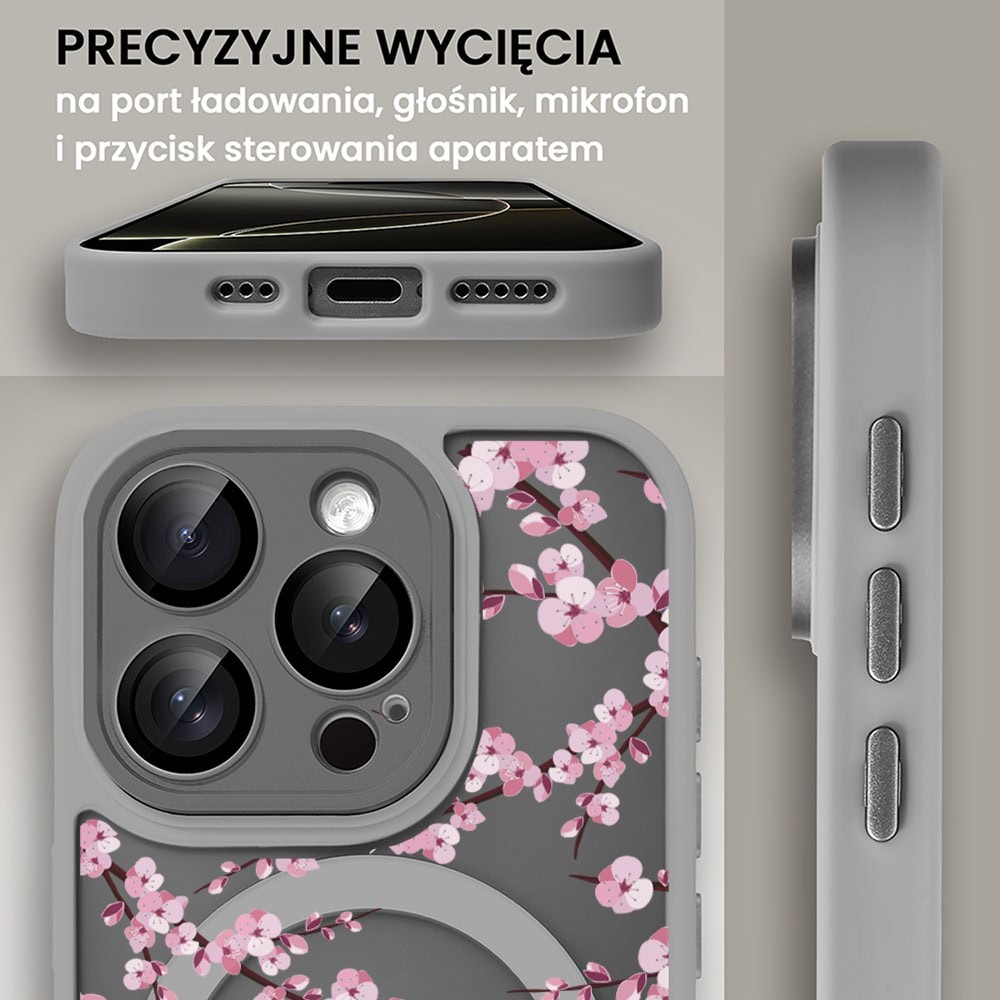 Etui do iPhone 16 Pro Color Flush z Magsafe, z osłoną aparatu, z nadrukiem sakura, kwiat wiśni, tytanowe