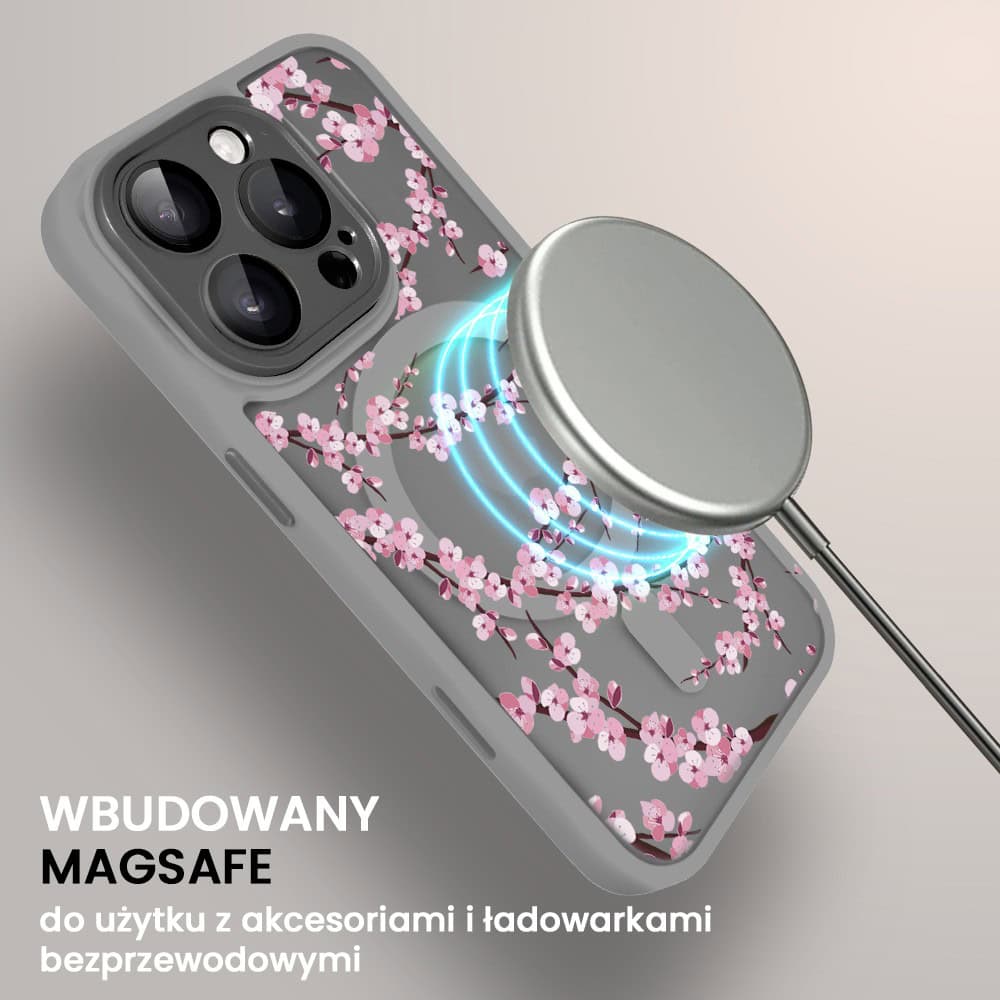 Etui do iPhone 16 Pro Color Flush z Magsafe, z osłoną aparatu, z nadrukiem sakura, kwiat wiśni, tytanowe