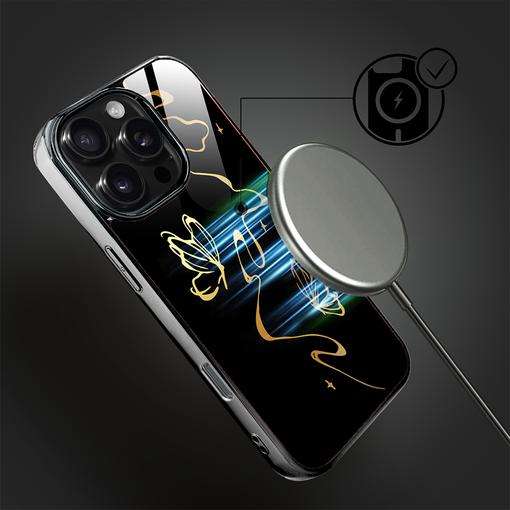 Etui do iPhone 16 Pro Max, Elite Glass z MagSafe, szklany tył, Golden Midnight, Efekt motyla, czarne