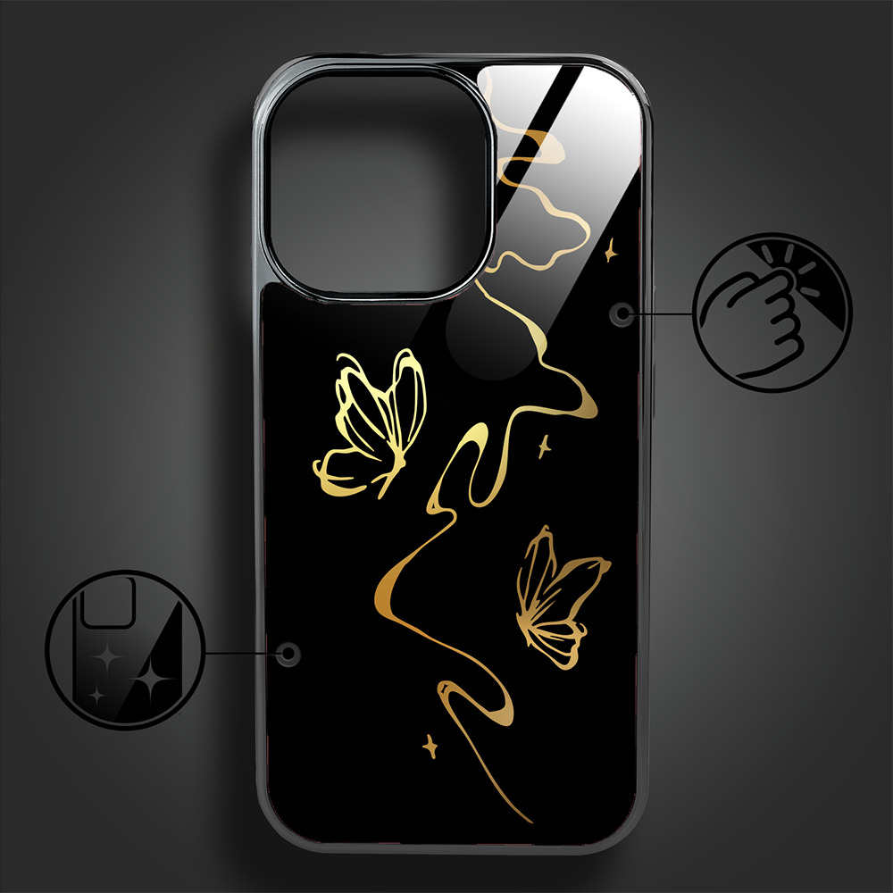 Etui do iPhone 16 Pro Max, Elite Glass z MagSafe, szklany tył, Golden Midnight, Efekt motyla, czarne