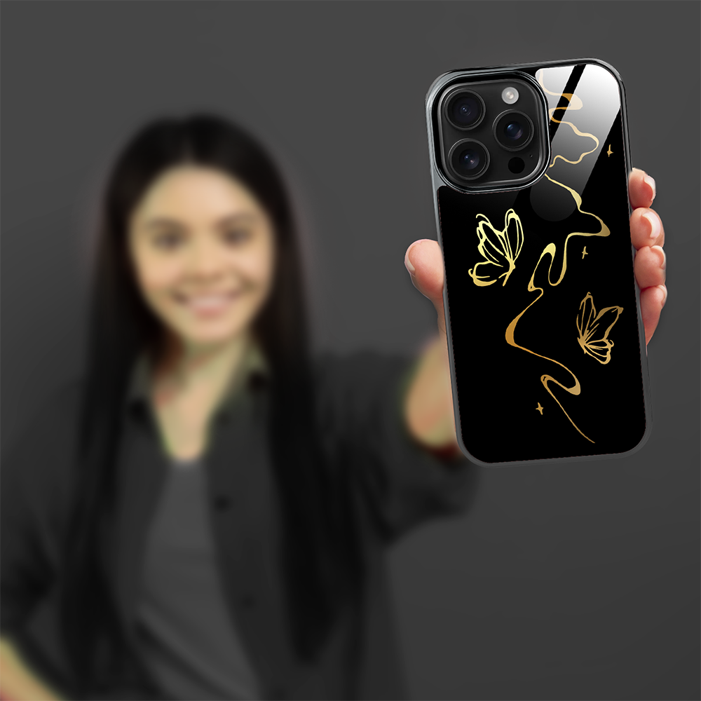 Etui do iPhone 16 Pro Max, Elite Glass z MagSafe, szklany tył, Golden Midnight, Efekt motyla, czarne