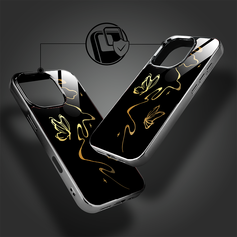 Etui do iPhone 16 Pro Max, Elite Glass z MagSafe, szklany tył, Golden Midnight, Efekt motyla, czarne