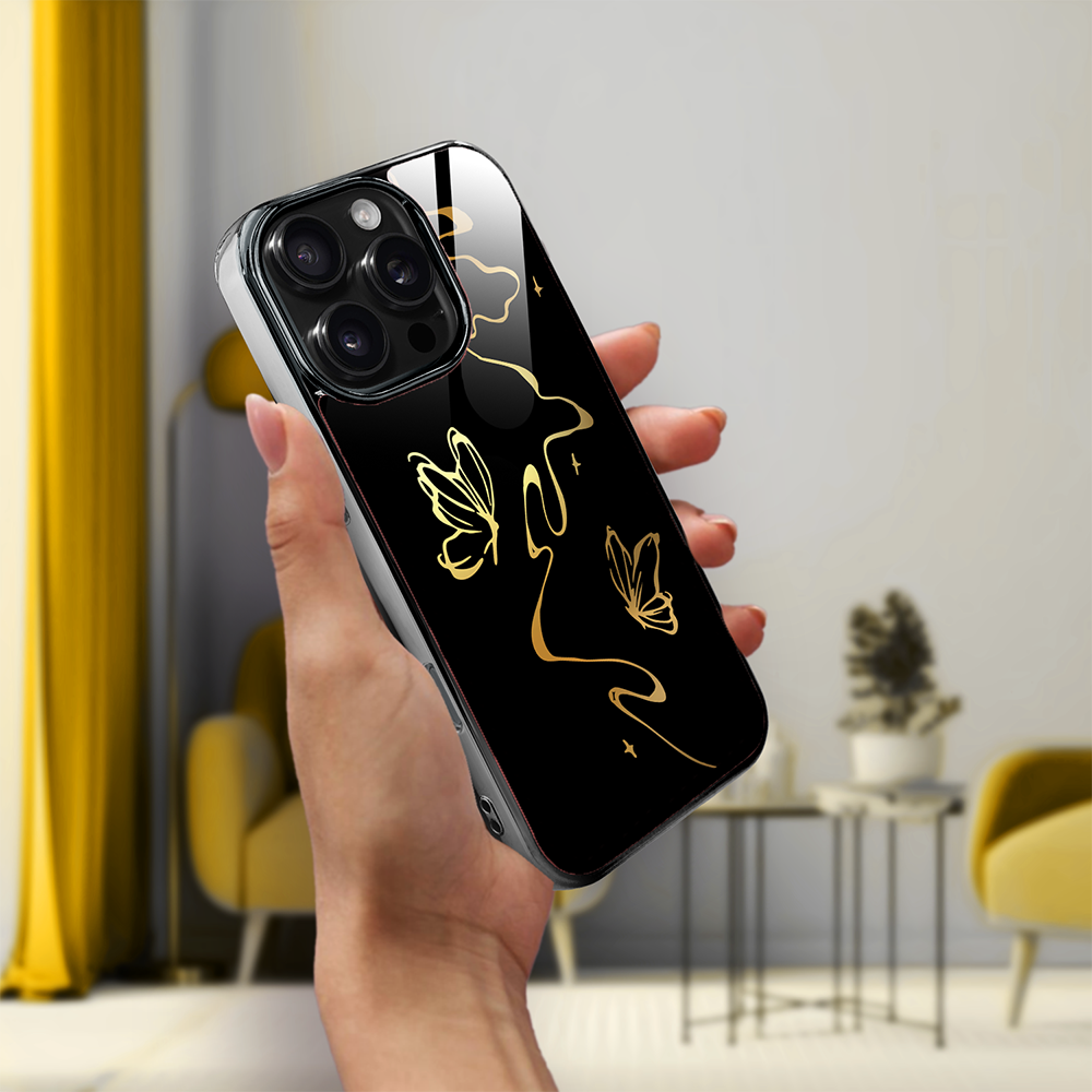 Etui do iPhone 16 Pro Max, Elite Glass z MagSafe, szklany tył, Golden Midnight, Efekt motyla, czarne