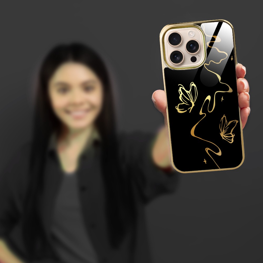 Etui do iPhone 16 Pro Max, Elite Glass z MagSafe, szklany tył, Golden Midnight, Efekt motyla, złote
