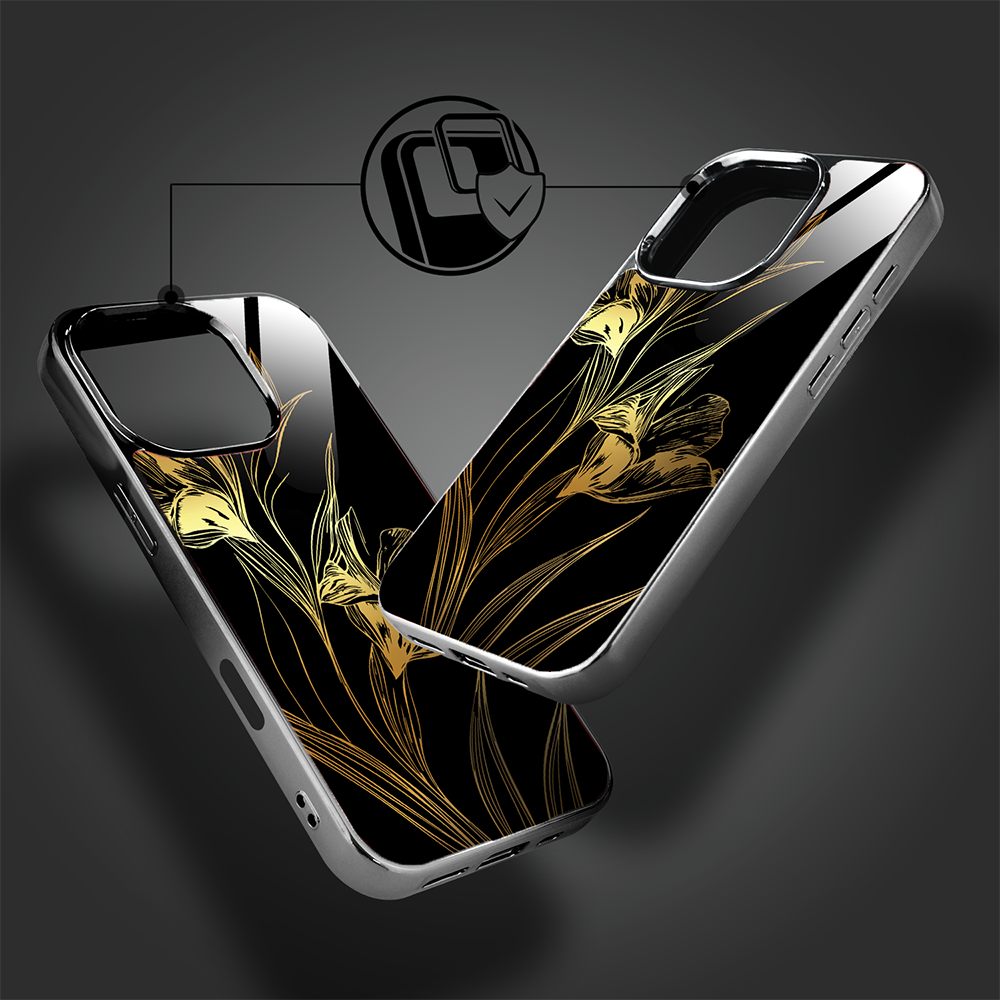 Etui do iPhone 16 Pro, Elite Glass z MagSafe, szklany tył, Golden Midnight, Królewskie irysy, czarne
