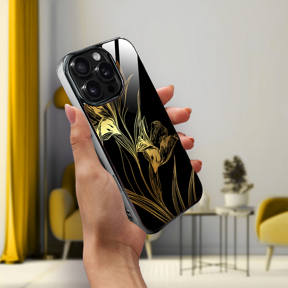Etui do iPhone 16 Pro, Elite Glass z MagSafe, szklany tył, Golden Midnight, Królewskie irysy, czarne