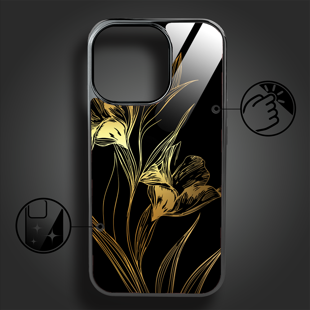 Etui do iPhone 16 Pro, Elite Glass z MagSafe, szklany tył, Golden Midnight, Królewskie irysy, czarne