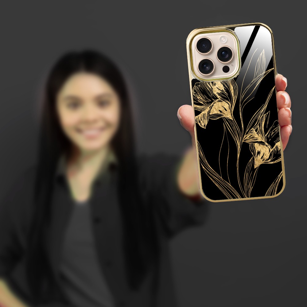 Etui do iPhone 16 Pro Max, Elite Glass z MagSafe, szklany tył, Golden Midnight, Królewskie irysy, złote