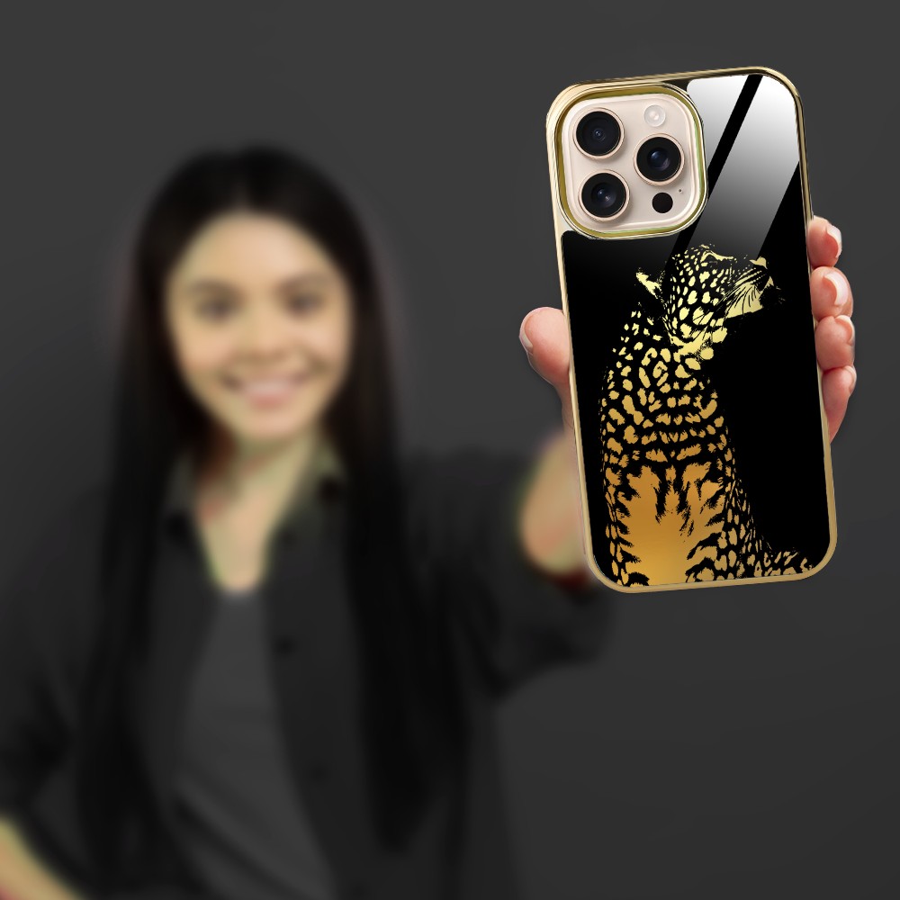 Etui do iPhone 16 Pro, Elite Glass z MagSafe, szklany tył, Golden Midnight, Lampart, złote