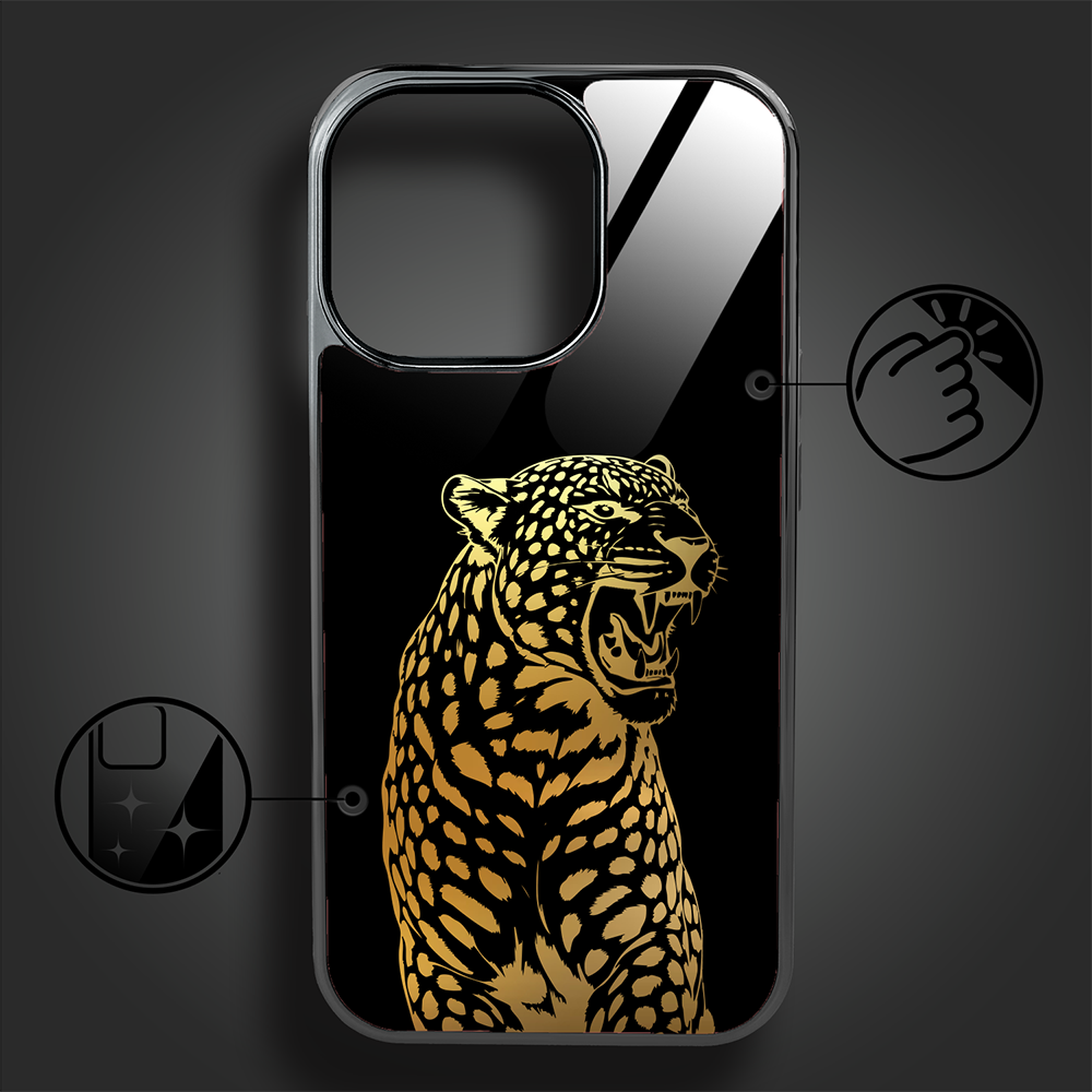 Etui do iPhone 16 Pro, Elite Glass z MagSafe, szklany tył, Golden Midnight, Ryczący Jaguar, czarne