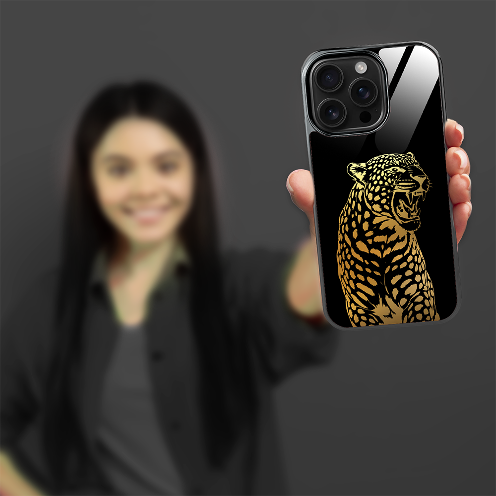 Etui do iPhone 16 Pro, Elite Glass z MagSafe, szklany tył, Golden Midnight, Ryczący Jaguar, czarne