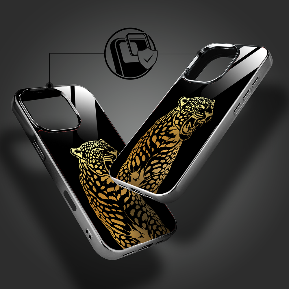 Etui do iPhone 16 Pro, Elite Glass z MagSafe, szklany tył, Golden Midnight, Ryczący Jaguar, czarne