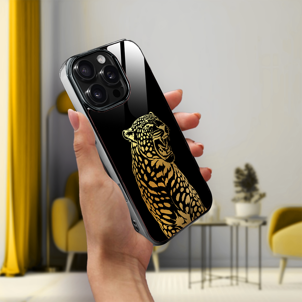 Etui do iPhone 16 Pro, Elite Glass z MagSafe, szklany tył, Golden Midnight, Ryczący Jaguar, czarne
