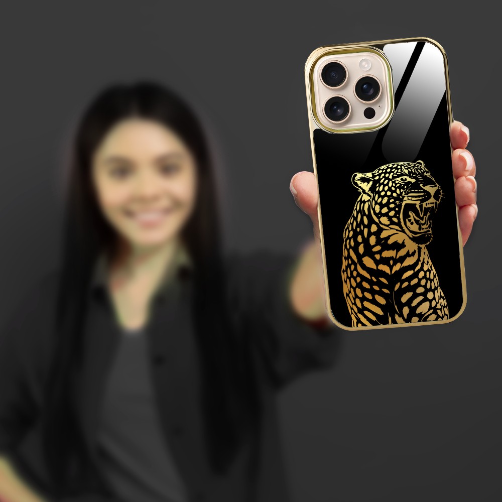 Etui do iPhone 16 Pro Max, Elite Glass z MagSafe, szklany tył, Golden Midnight, Ryczący Jaguar, złote
