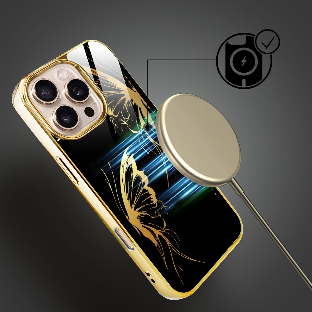 Etui do iPhone 16 Pro, Elite Glass z MagSafe, szklany tył, Golden Midnight, Skrzydła motyla, złote