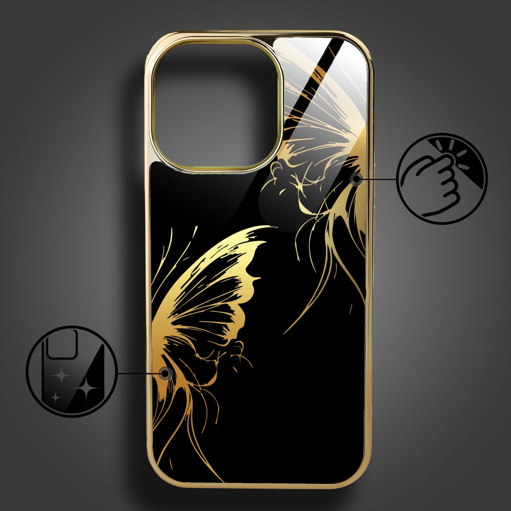 Etui do iPhone 16 Pro, Elite Glass z MagSafe, szklany tył, Golden Midnight, Skrzydła motyla, złote