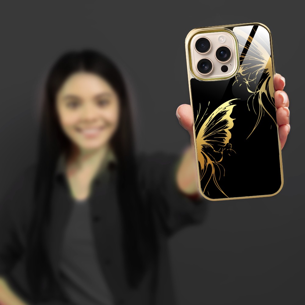 Etui do iPhone 16 Pro, Elite Glass z MagSafe, szklany tył, Golden Midnight, Skrzydła motyla, złote