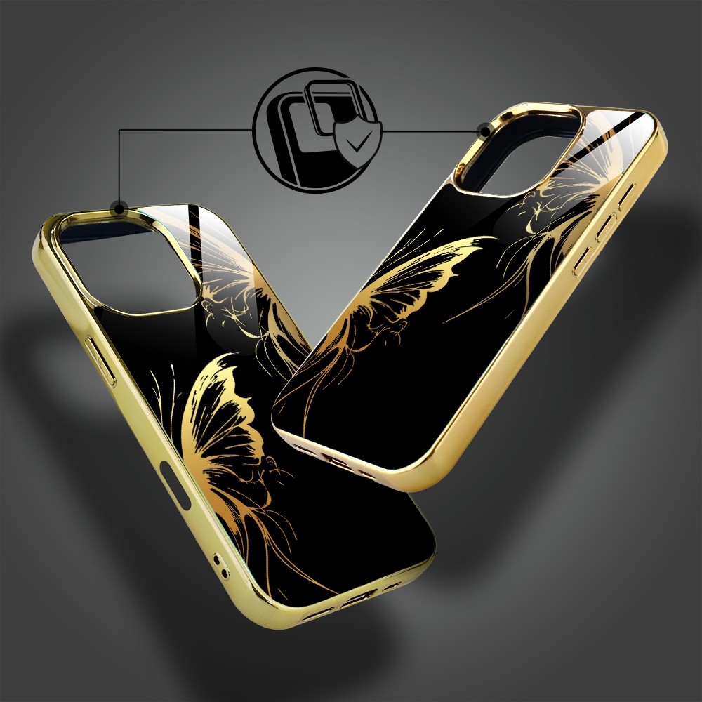 Etui do iPhone 16 Pro, Elite Glass z MagSafe, szklany tył, Golden Midnight, Skrzydła motyla, złote