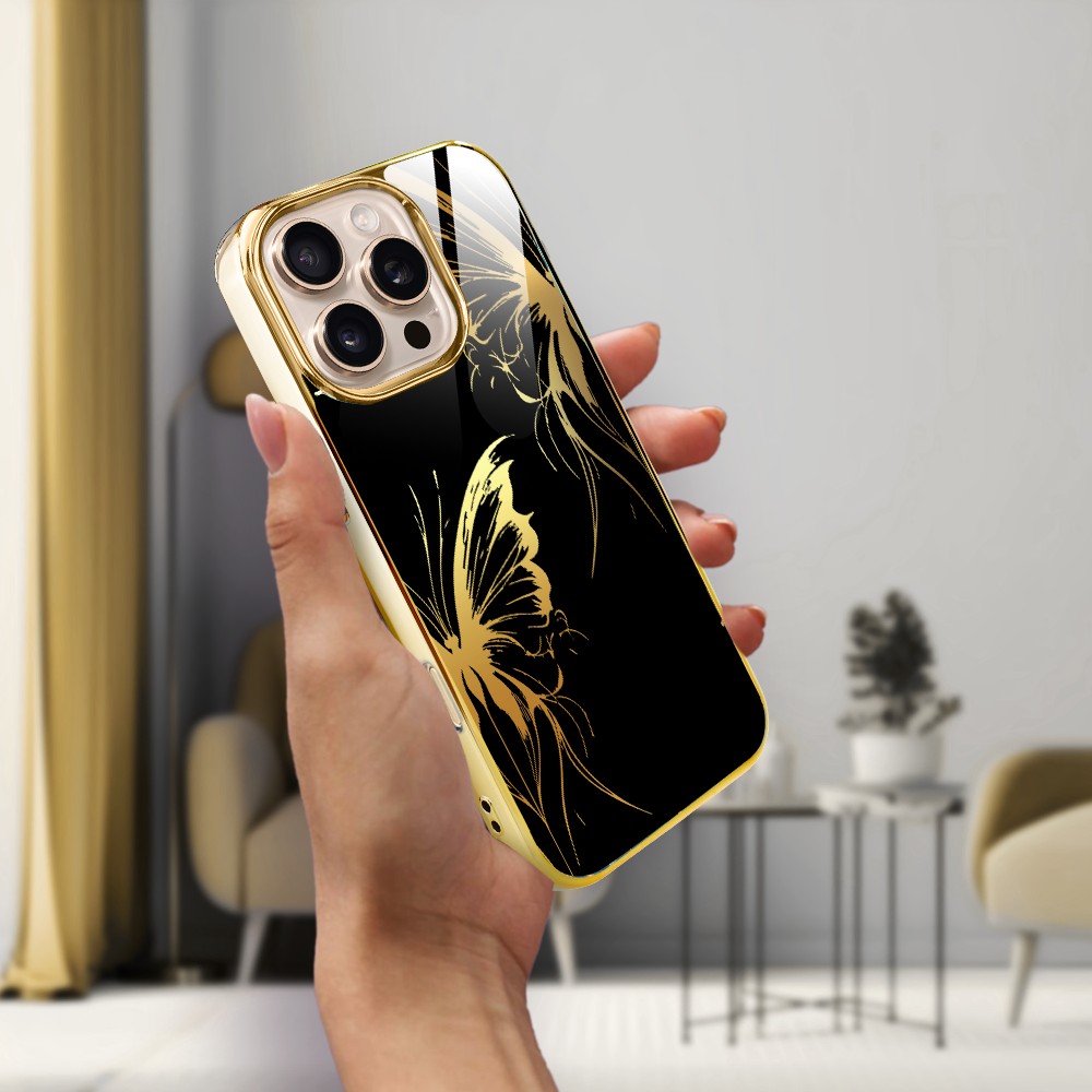 Etui do iPhone 16 Pro, Elite Glass z MagSafe, szklany tył, Golden Midnight, Skrzydła motyla, złote