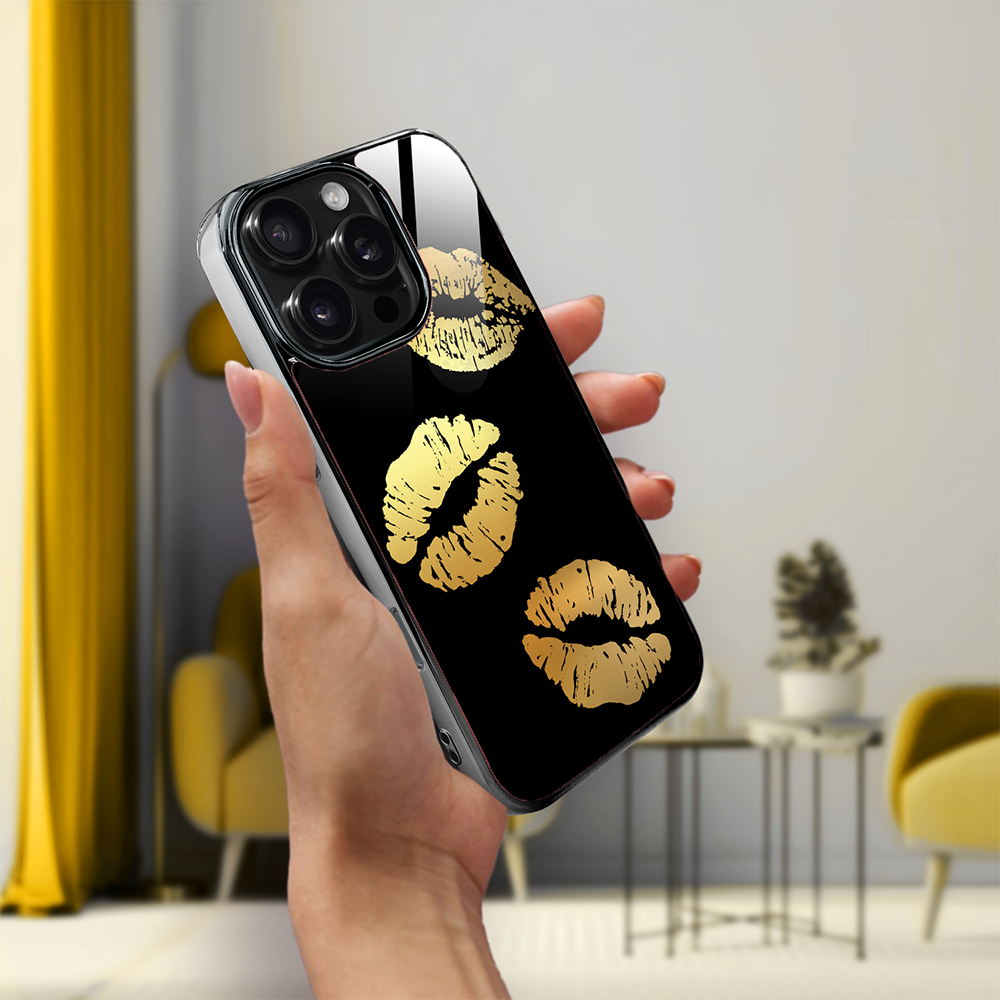 Etui do iPhone 16 Pro, Elite Glass z MagSafe, szklany tył, Golden Midnight, Usta, czarne