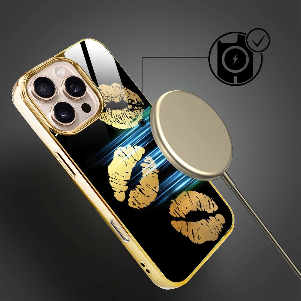 Etui do iPhone 16 Pro Max, Elite Glass z MagSafe, szklany tył, Golden Midnight, Usta, złote