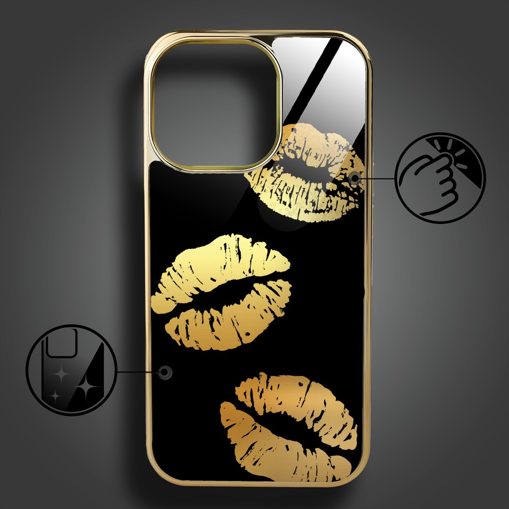 Etui do iPhone 16 Pro Max, Elite Glass z MagSafe, szklany tył, Golden Midnight, Usta, złote