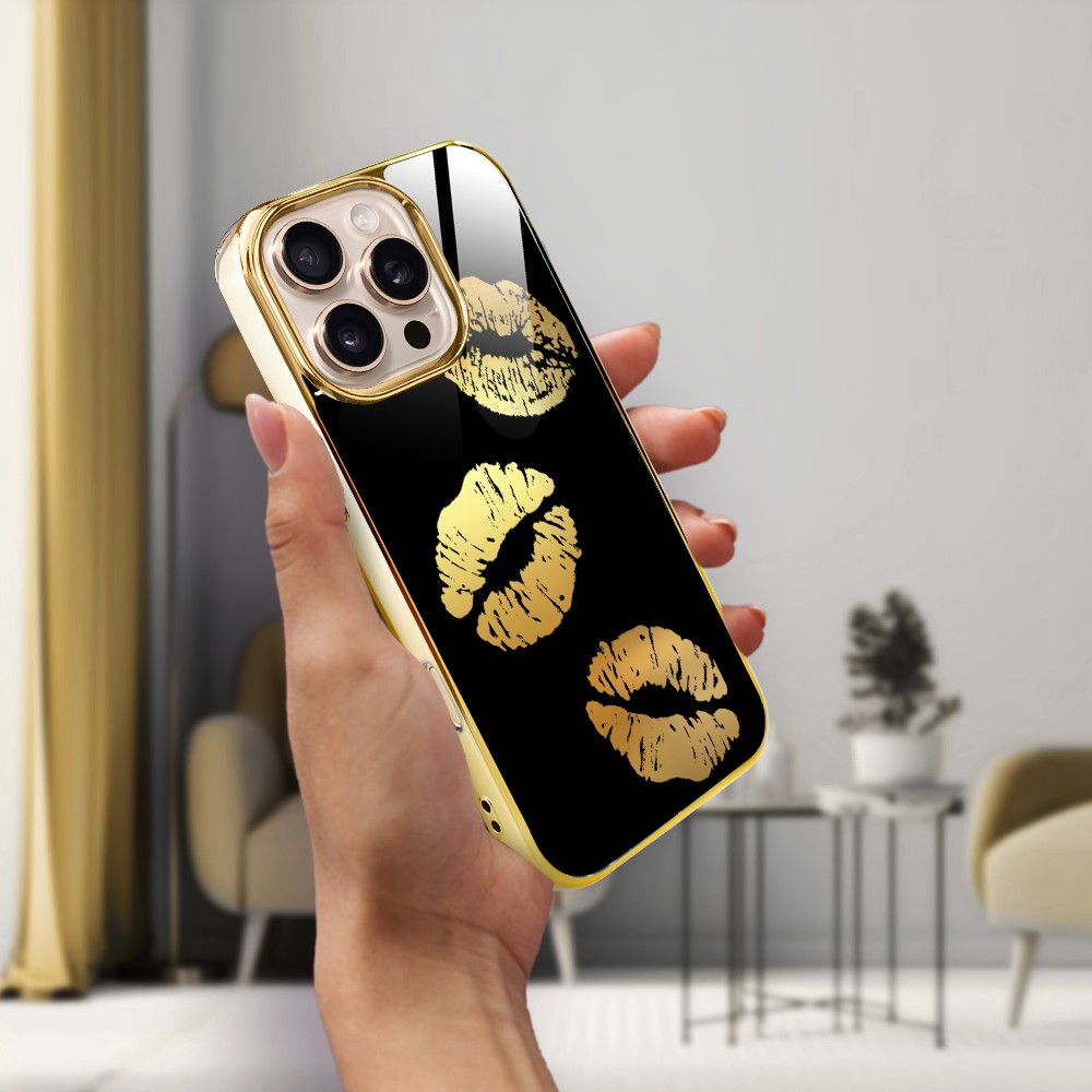 Etui do iPhone 16 Pro Max, Elite Glass z MagSafe, szklany tył, Golden Midnight, Usta, złote