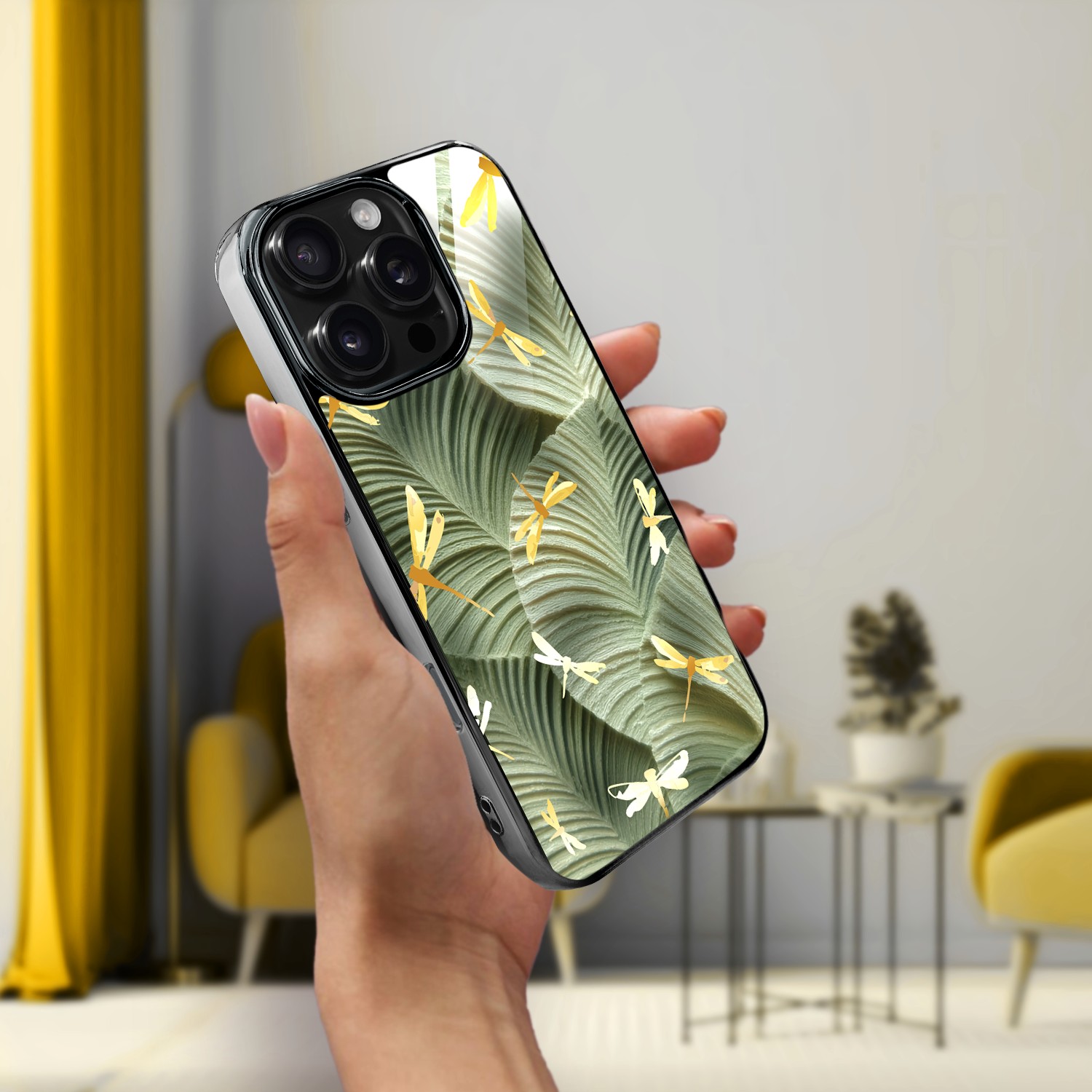 Etui do iPhone 16 Pro Max, Elite Glass z MagSafe, szklany tył, Kwiaty, Taniec ważek, czarne