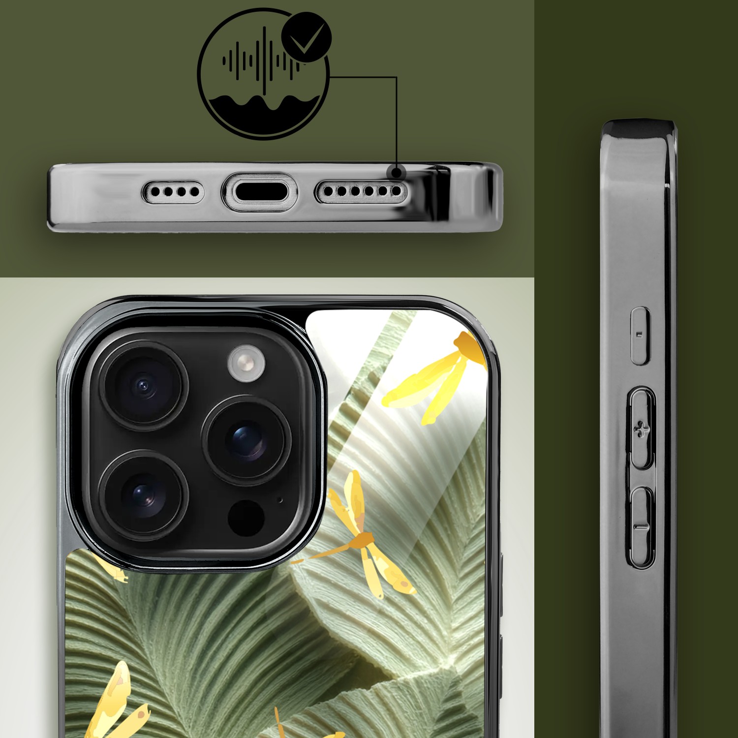 Etui do iPhone 16 Pro Max, Elite Glass z MagSafe, szklany tył, Kwiaty, Taniec ważek, czarne