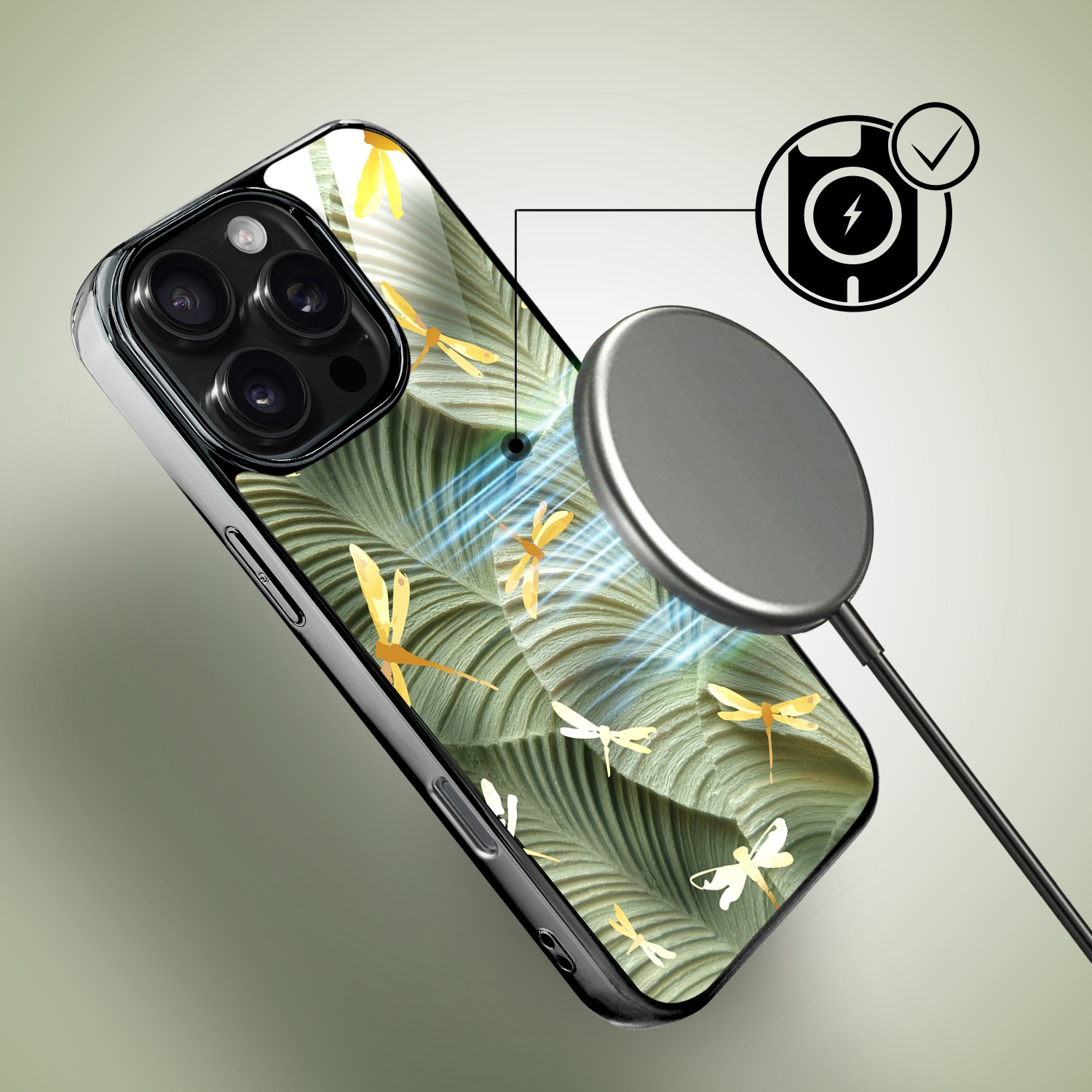 Etui do iPhone 16 Pro Max, Elite Glass z MagSafe, szklany tył, Kwiaty, Taniec ważek, czarne