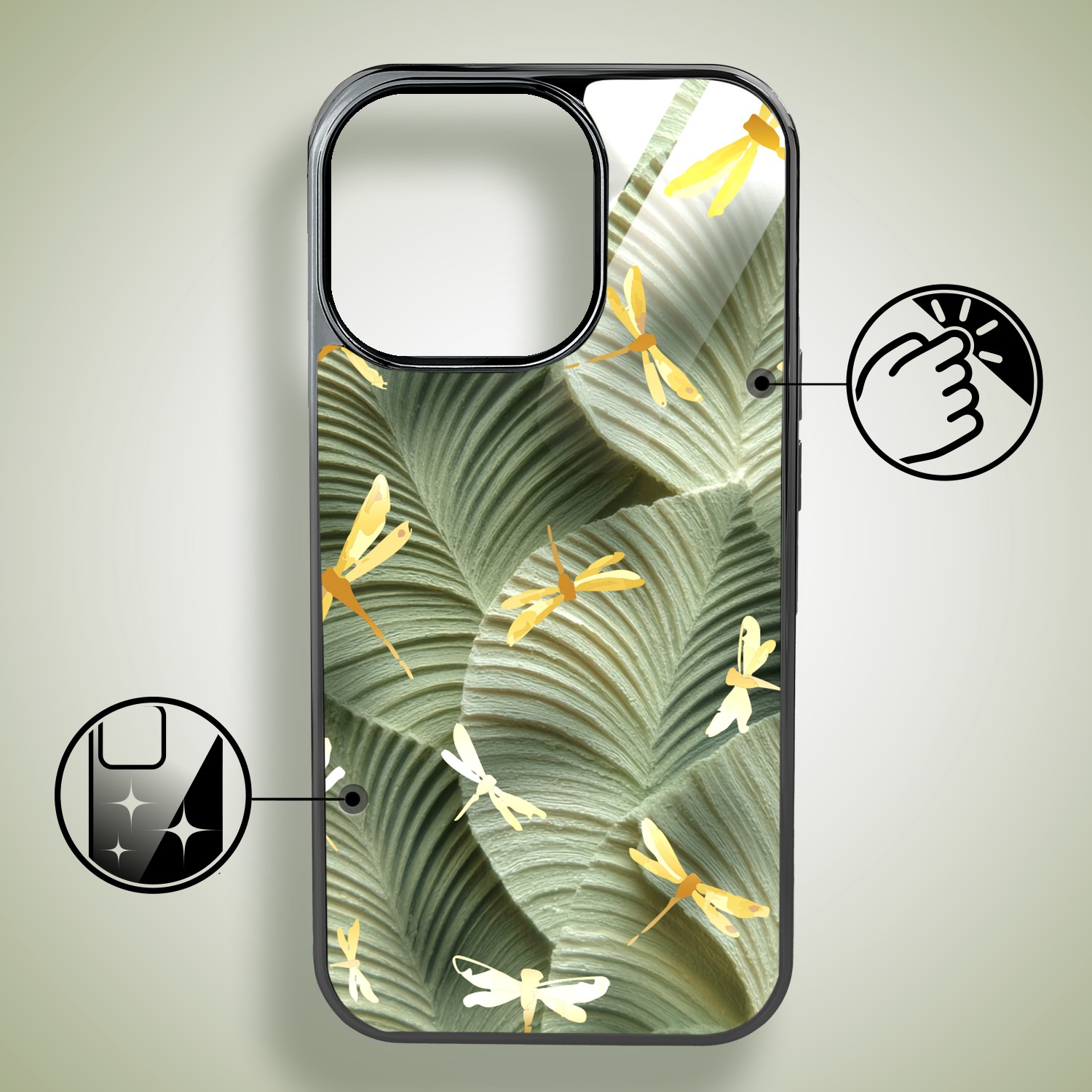 Etui do iPhone 16 Pro Max, Elite Glass z MagSafe, szklany tył, Kwiaty, Taniec ważek, czarne