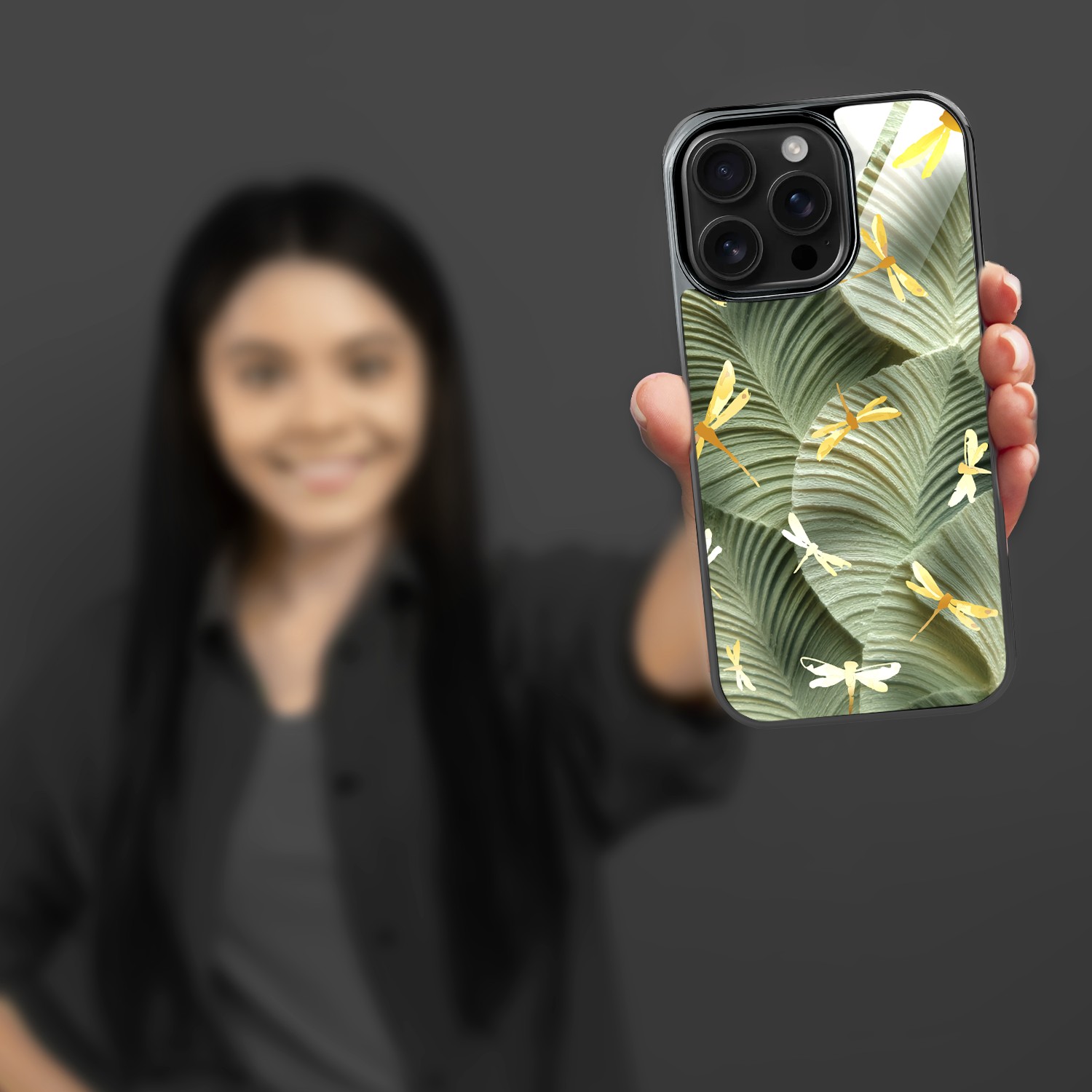 Etui do iPhone 16 Pro Max, Elite Glass z MagSafe, szklany tył, Kwiaty, Taniec ważek, czarne