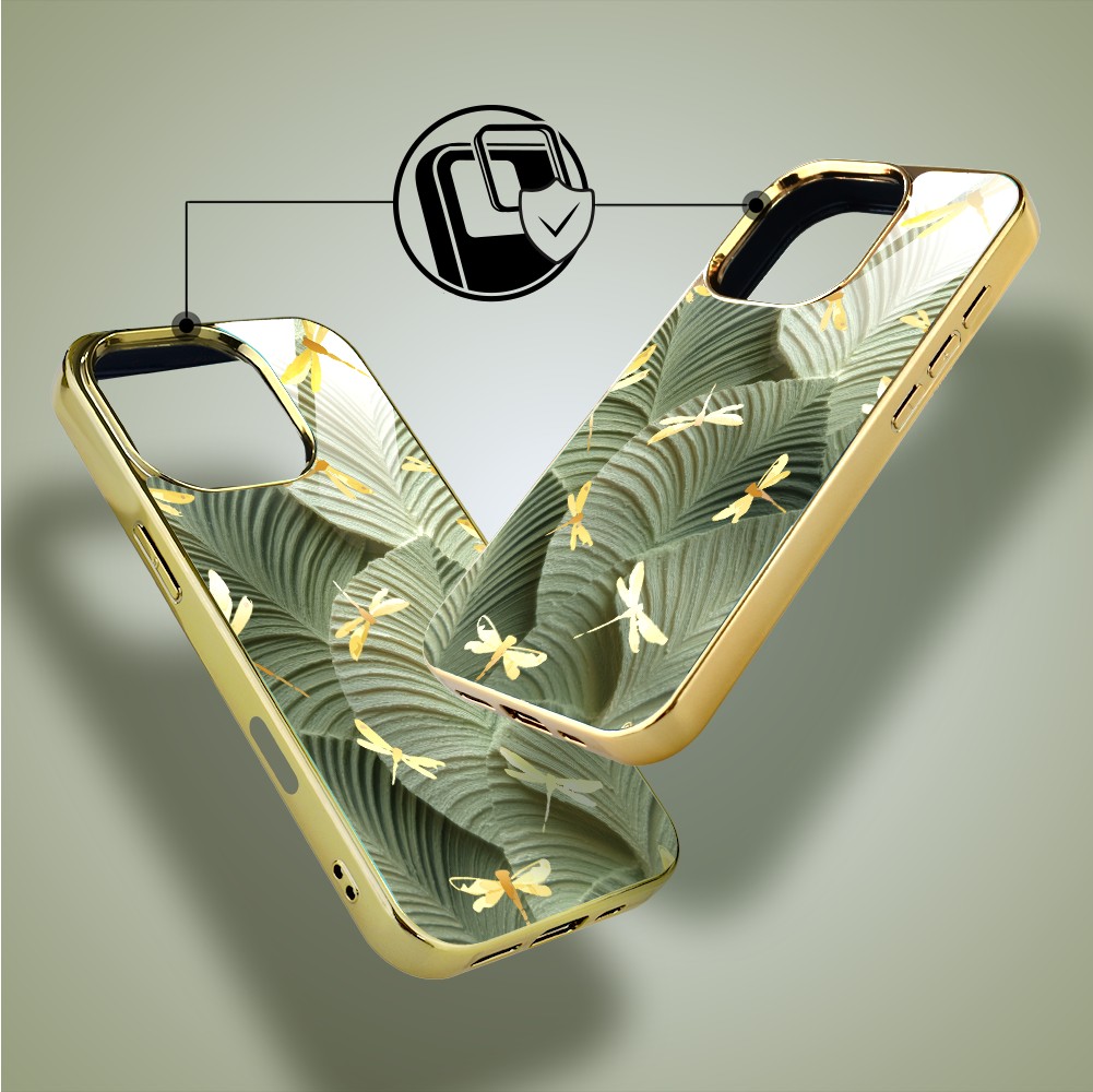 Etui do iPhone 16 Pro Max, Elite Glass z MagSafe, szklany tył, Kwiaty, Taniec ważek, złote